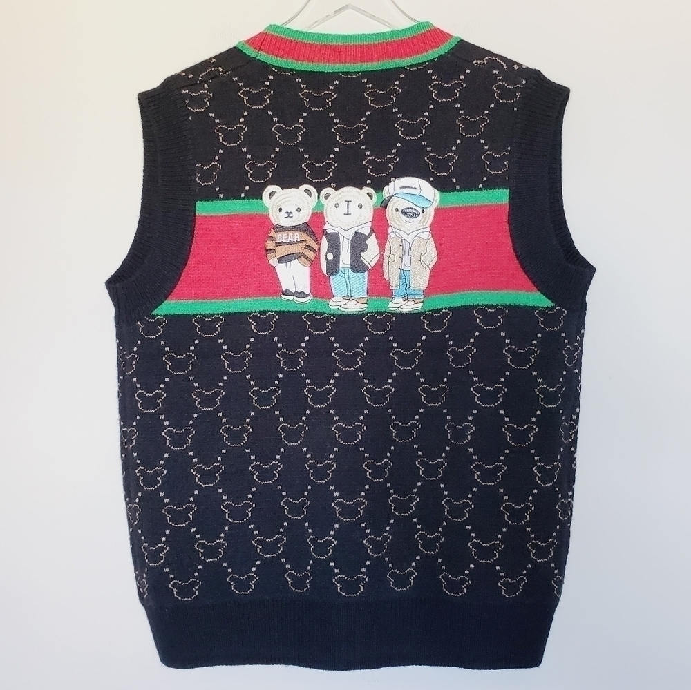 Bear Web Striped Cardigan Button Down Sweater Vest